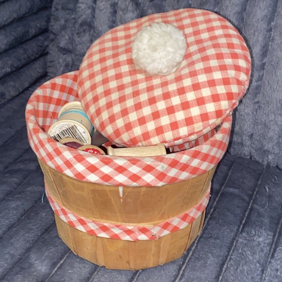 Other - Vintage Sewing Basket Wood w/Fabric & Pom Pom + Plastic Tray w/thread Inside